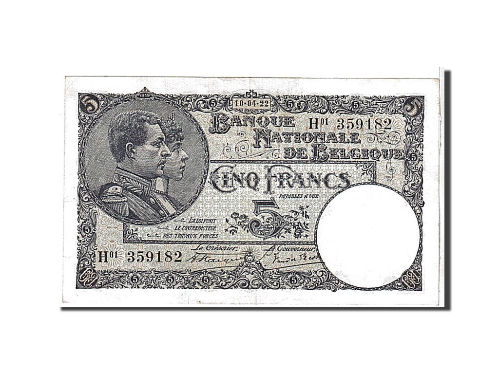 Banknote, Belgium, 5 Francs, 1922, KM:93, AU(50-53)