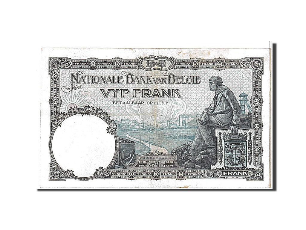 Banknote, Belgium, 5 Francs, 1922, KM:93, AU(50-53)