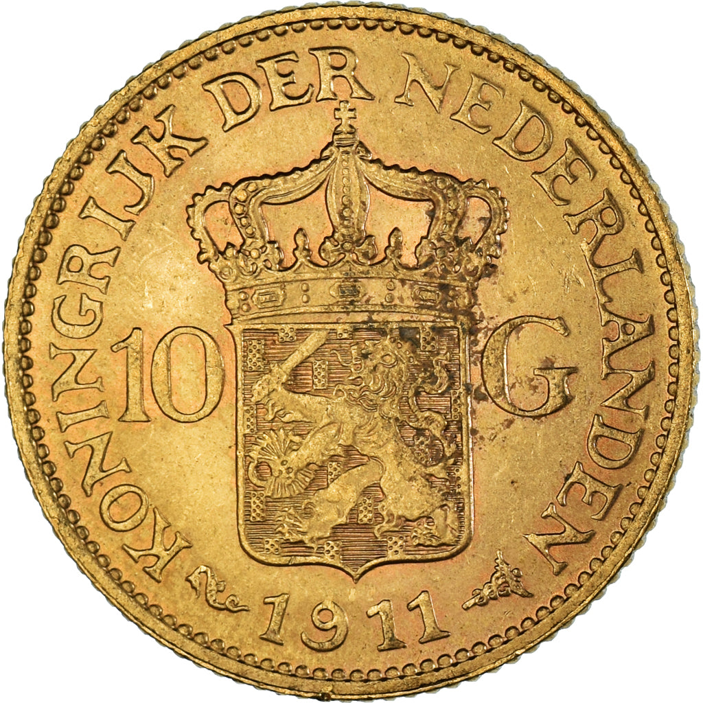 Coin, Netherlands, Wilhelmina I, 10 Gulden, 1911, AU(55-58), Gold, KM:149