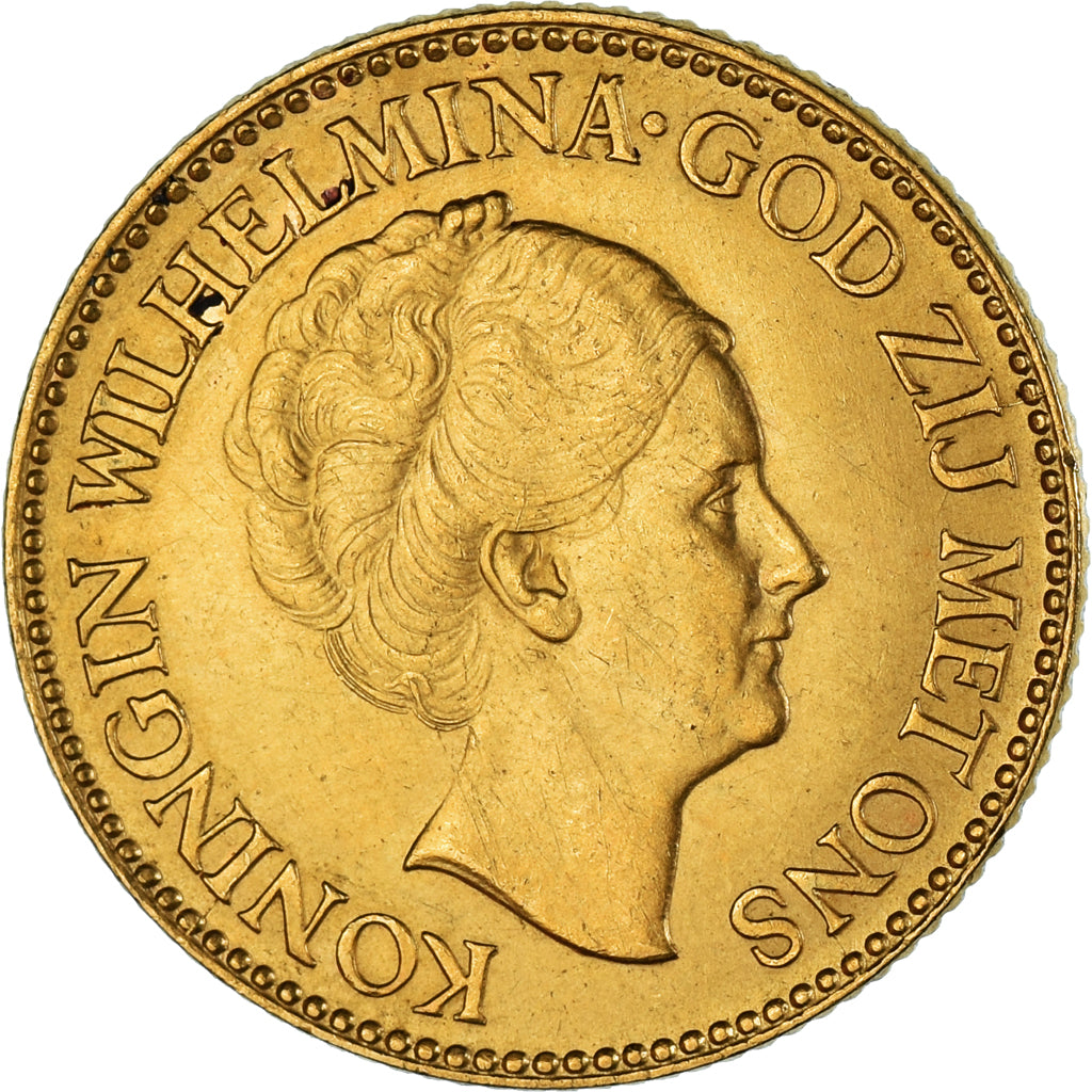 Coin, Netherlands, Wilhelmina I, 10 Gulden, 1933, AU(55-58), Gold, KM:162