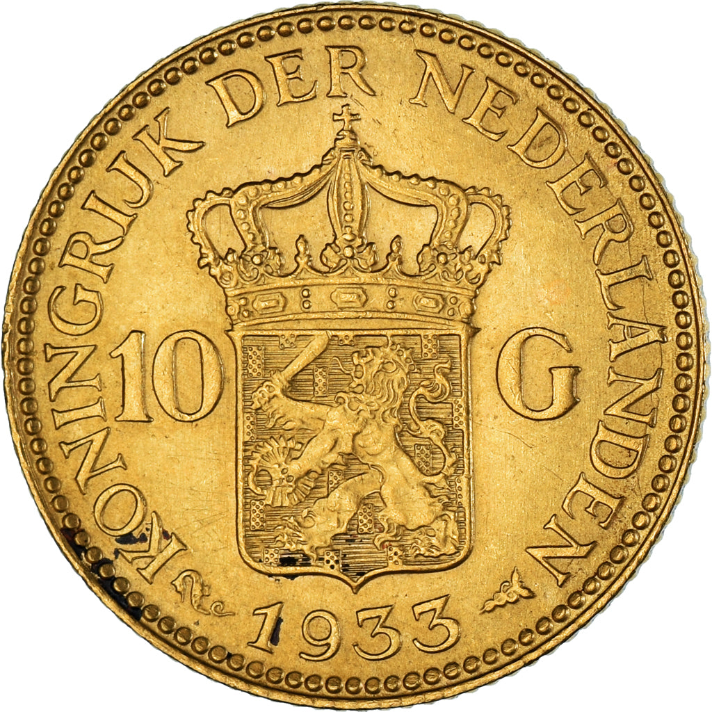 Coin, Netherlands, Wilhelmina I, 10 Gulden, 1933, AU(55-58), Gold, KM:162