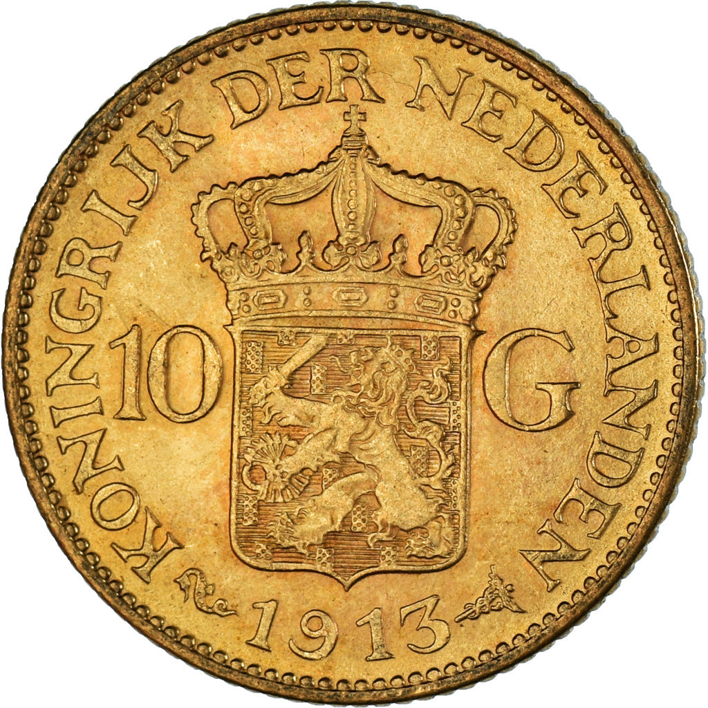 Coin, Netherlands, Wilhelmina I, 10 Gulden, 1913, AU(50-53), Gold, KM:149