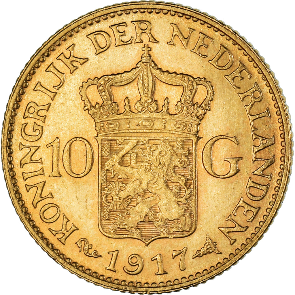 Coin, Netherlands, Wilhelmina I, 10 Gulden, 1917, AU(50-53), Gold, KM:149