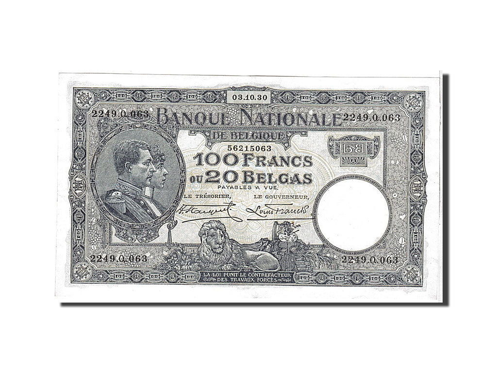 Belgio, 100 Francs-20 Belgas, 1930, KM:102, SPL-
