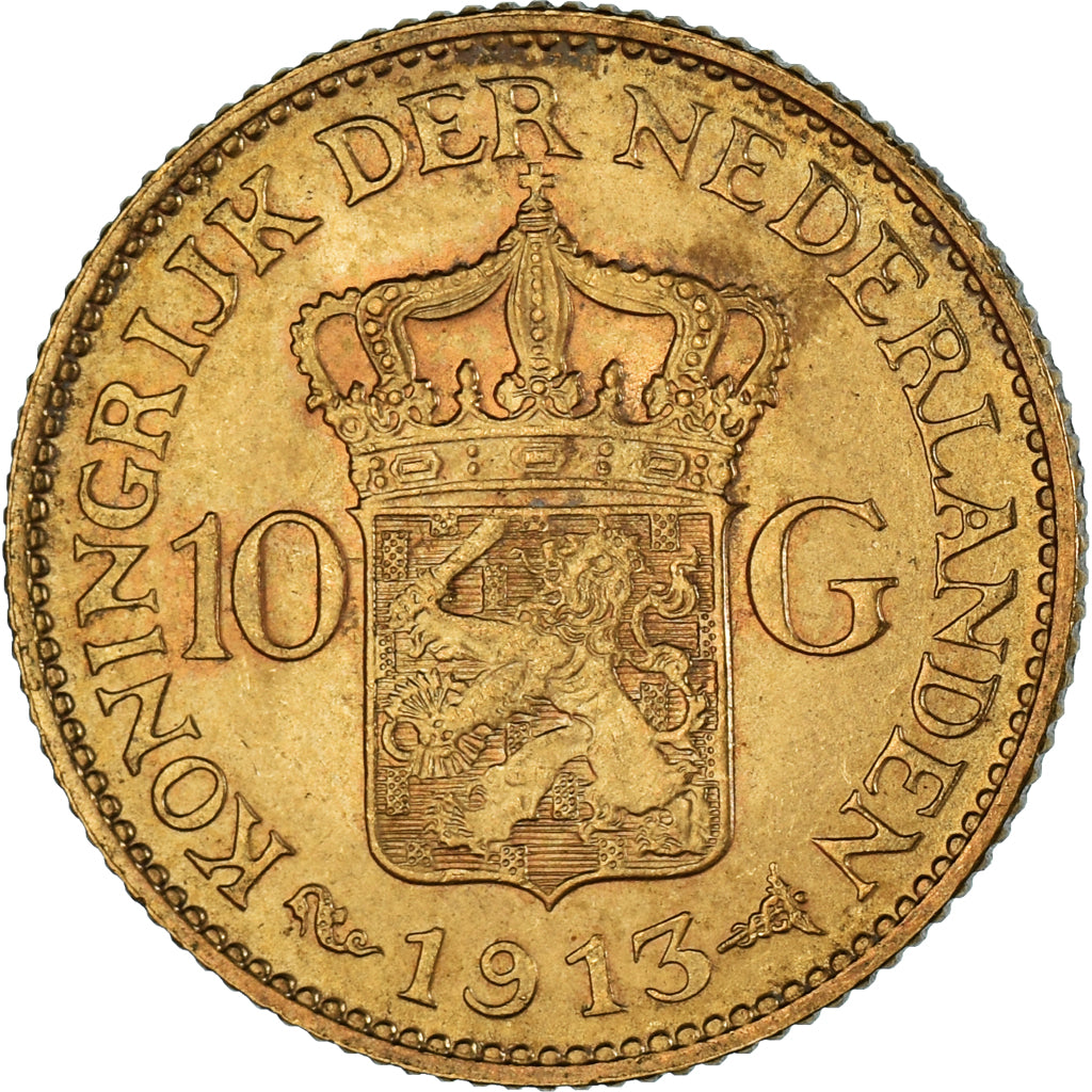 Coin, Netherlands, Wilhelmina I, 10 Gulden, 1913, AU(50-53), Gold, KM:149
