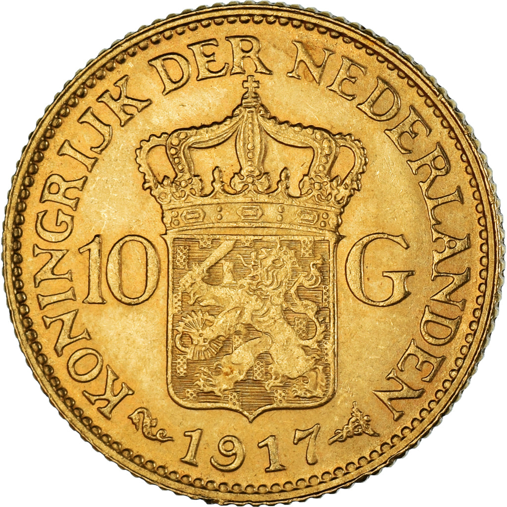 Coin, Netherlands, Wilhelmina I, 10 Gulden, 1917, AU(50-53), Gold, KM:149
