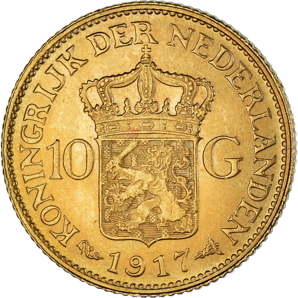 Coin, Netherlands, Wilhelmina I, 10 Gulden, 1917, AU(50-53), Gold, KM:149