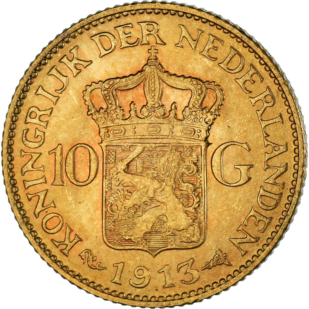 Moneda, Países Bajos, Wilhelmina I, 10 Gulden, 1913, MBC+, Oro, KM:149