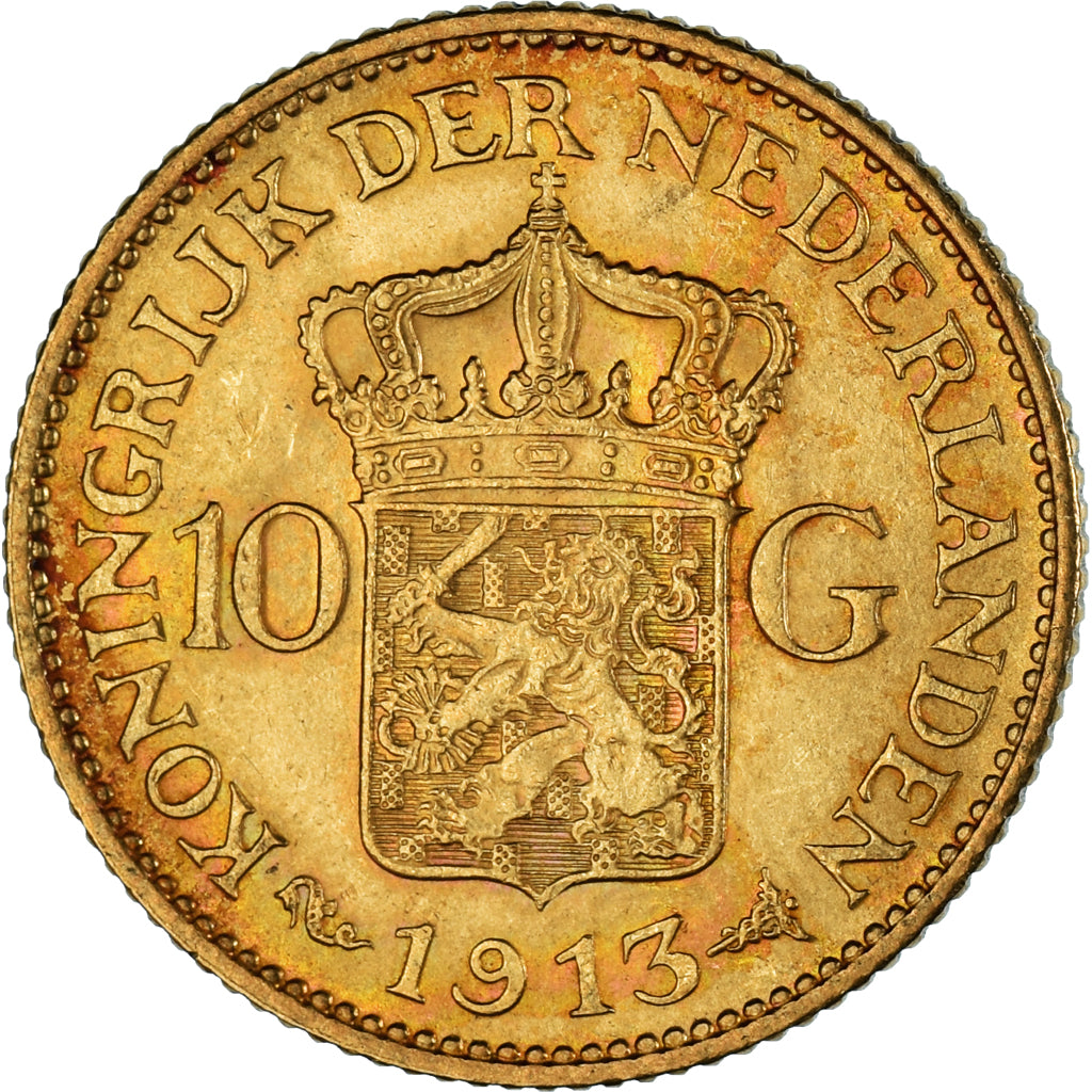 Moeda, Países Baixos, Wilhelmina I, 10 Gulden, 1913, EF(40-45), Dourado, KM:149