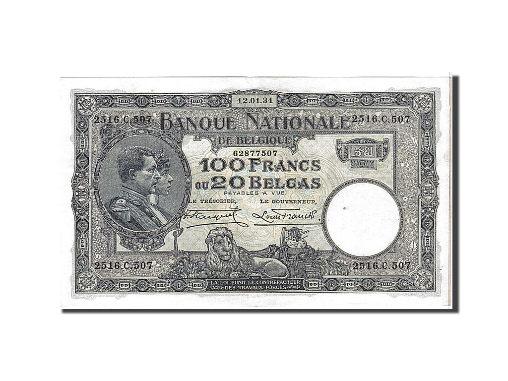 Belgium, 100 Francs-20 Belgas, 1931, KM #102, AU(55-58), 2516C507