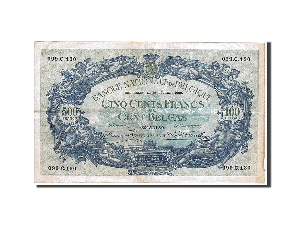 Belgium, 500 Francs-100 Belgas, 1929, KM #103a, EF(40-45), 099C130