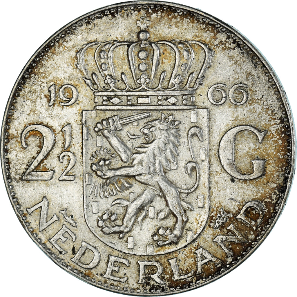 Coin, Netherlands, Juliana, 2-1/2 Gulden, 1966, EF(40-45), Silver, KM:185