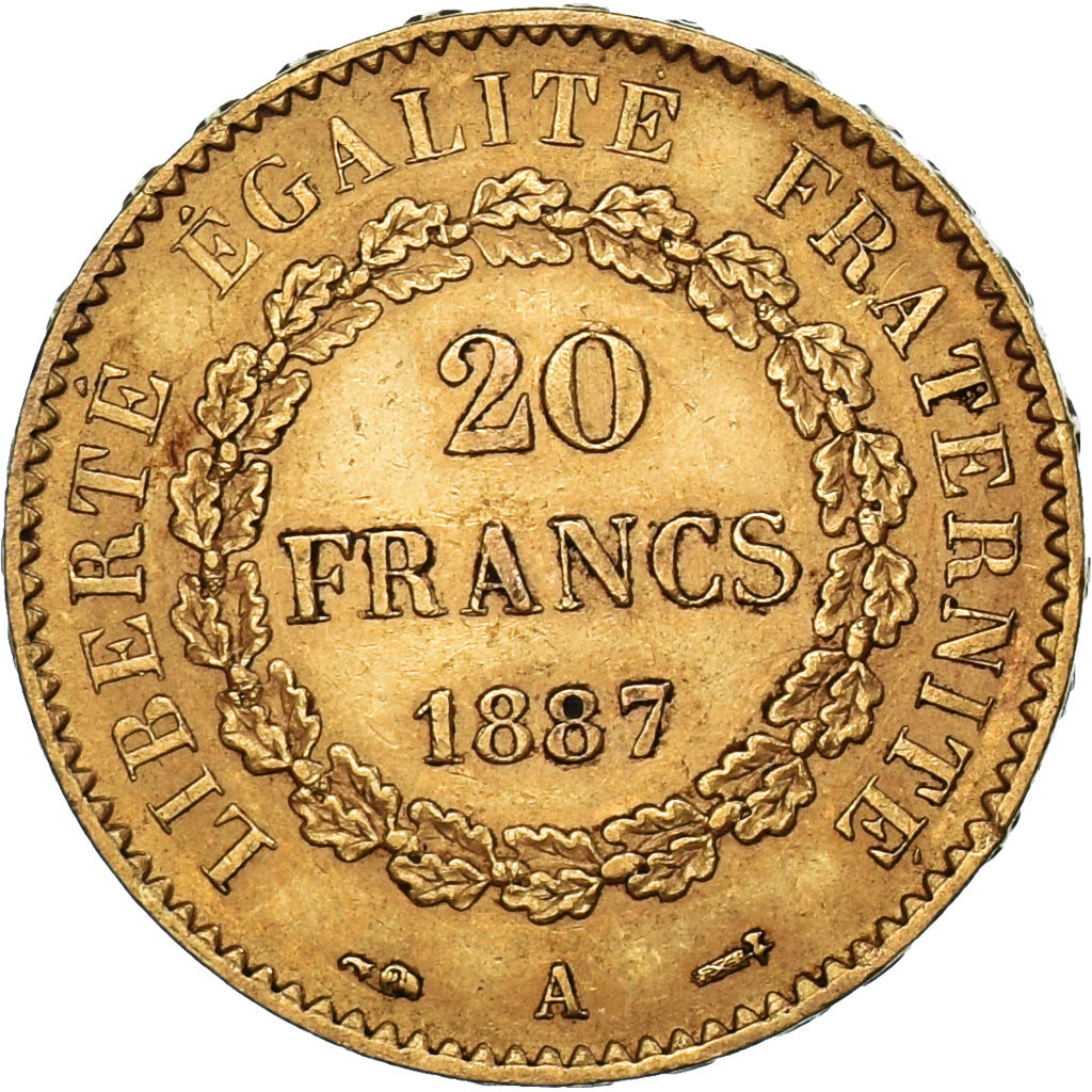 Moeda, França, Génie, 20 Francs, 1887, Paris, EF(40-45), Dourado, KM:825