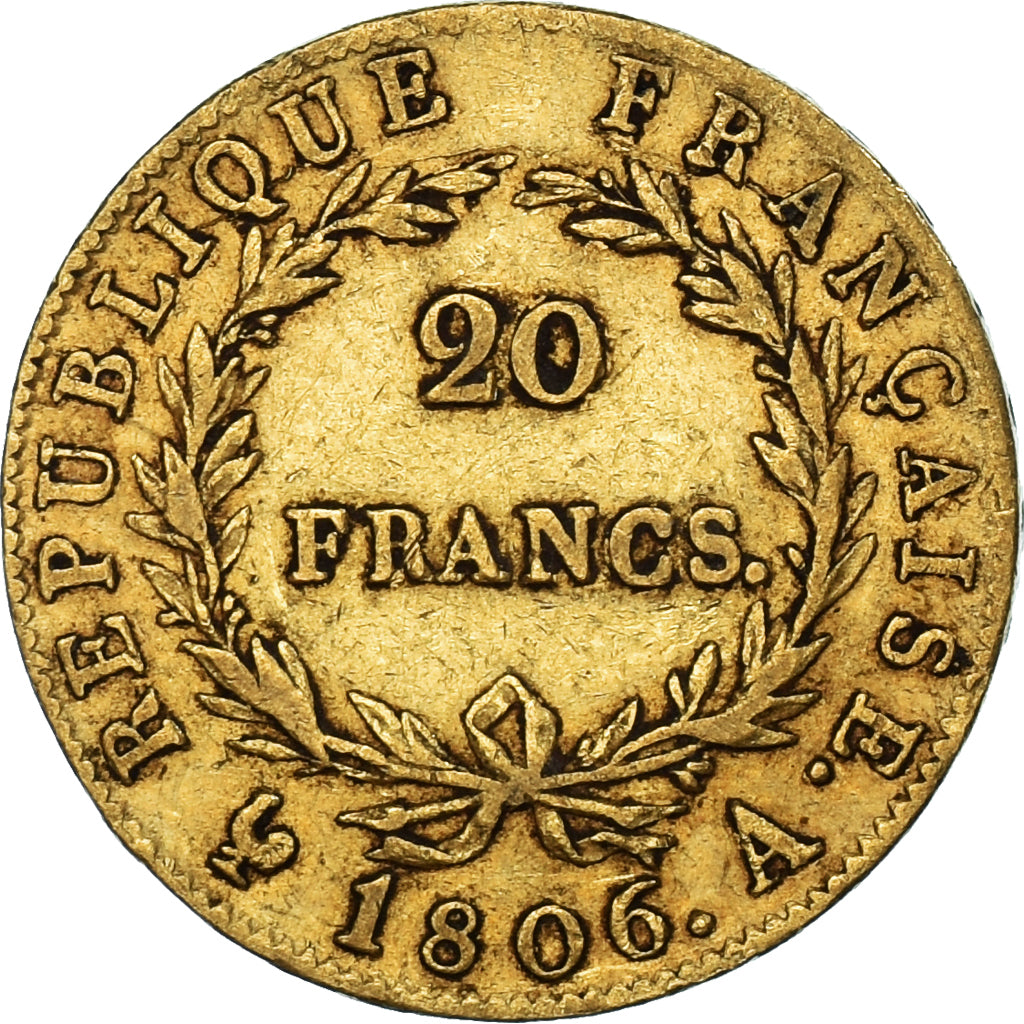 Moeda, França, Napoléon I, 20 Francs, 1806, Paris, VF(30-35), Dourado