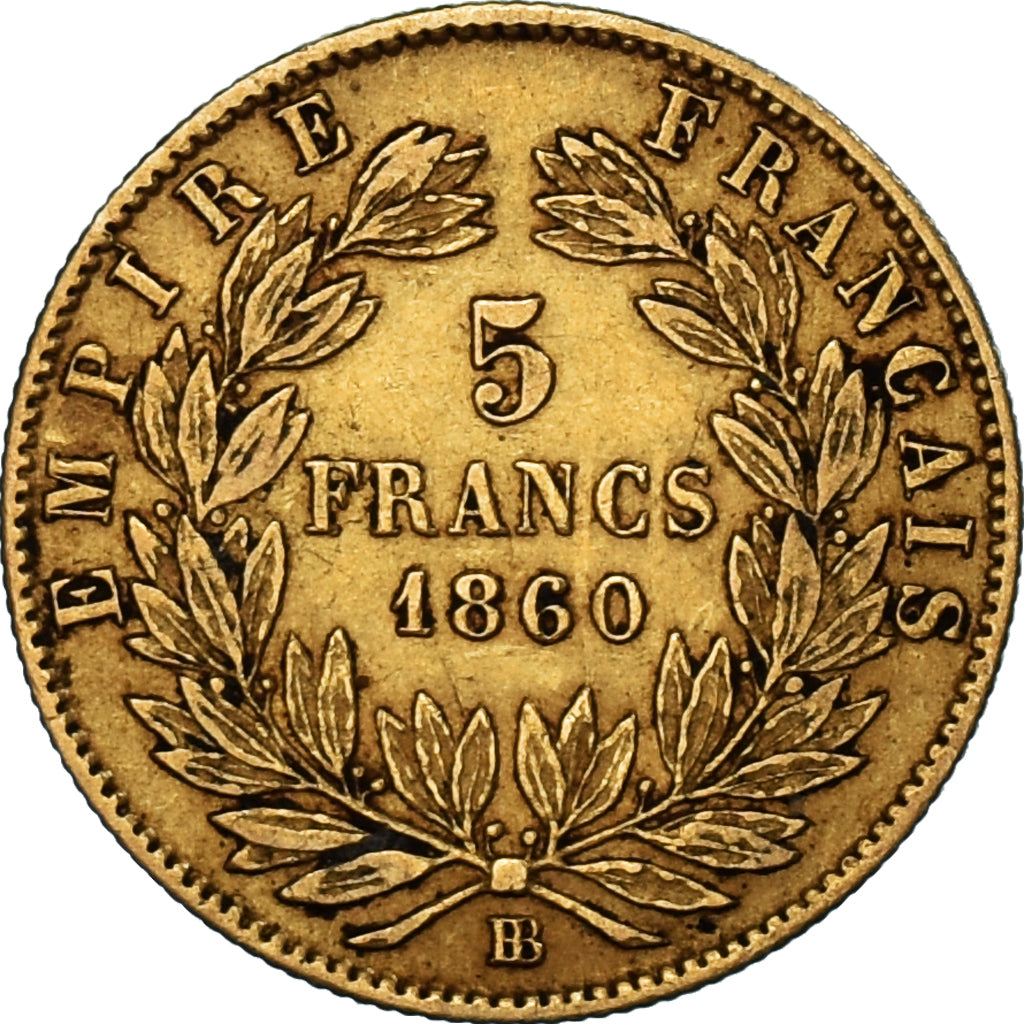 Moneda, Francia, Napoleon III, 5 Francs, 1860, Strasbourg, MBC, Oro, KM:787.2