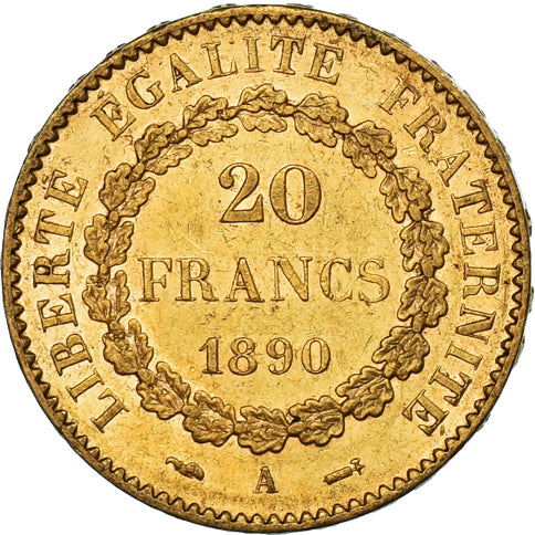 Moneda, Francia, Génie, 20 Francs, 1890, Paris, MBC+, Oro, KM:825, Gadoury:1063