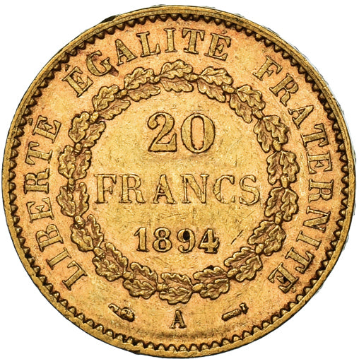 FRANCE, Génie, 20 Francs, 1894, Paris, KM #825, AU(50-53), Gold, Gadoury #1063,