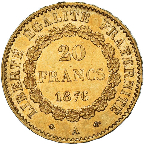 Moneta, Francia, Génie, 20 Francs, 1876, Paris, BB+, Oro, KM:825, Gadoury:1063