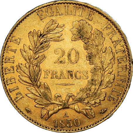 Moneta, Francia, Cérès, 20 Francs, 1850, Paris, BB+, Oro, KM:762, Gadoury:1059