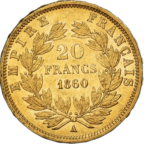 Coin, France, Napoleon III, 20 Francs, 1860, Paris, AU(50-53), Gold, KM:781.2