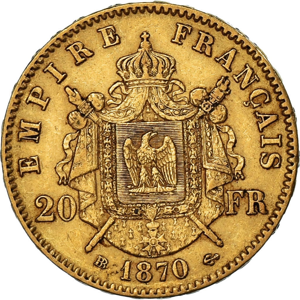 Moneta, Francia, Napoleon III, Napoléon III, 20 Francs, 1870, Strasbourg, BB