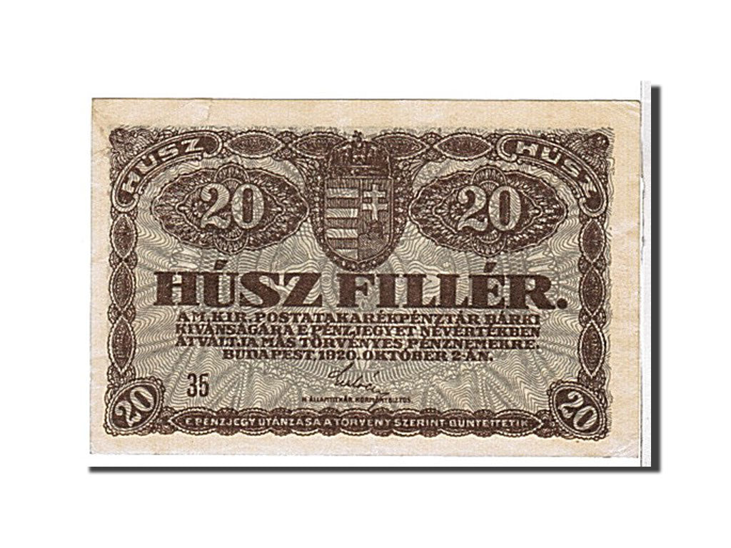 Billete, 20 Fillér, 1920, Hungría, MBC