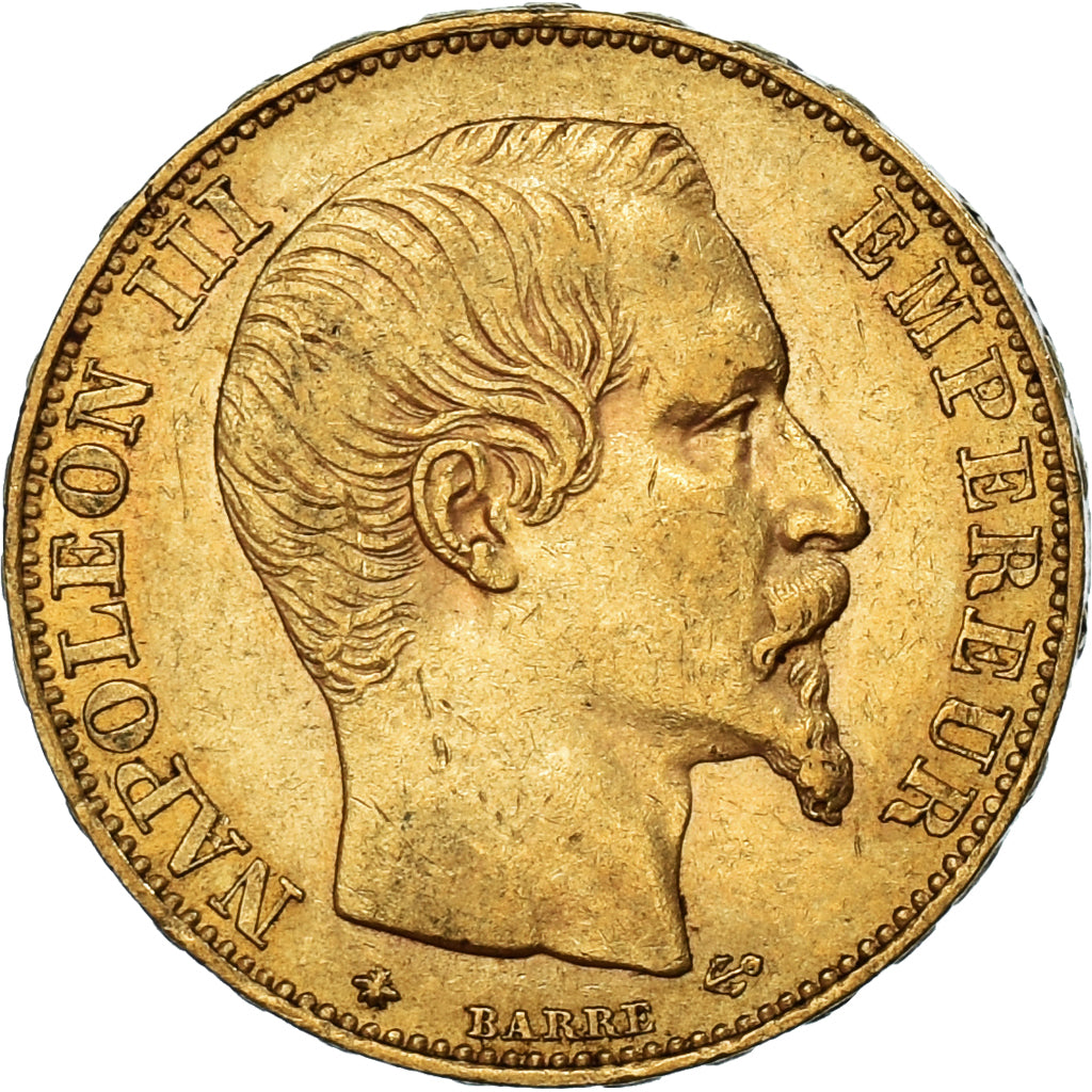Moneta, Francja, Napoleon III, 20 Francs, 1855, Strasbourg, AU(50-53), Złoto