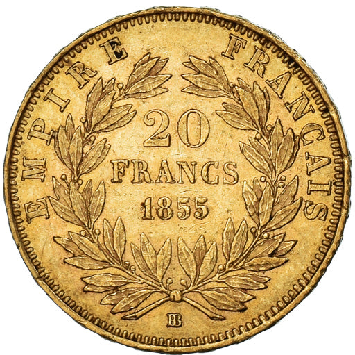 Moneta, Francja, Napoleon III, 20 Francs, 1855, Strasbourg, AU(50-53), Złoto