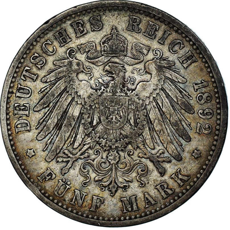 German States, PRUSSIA, Wilhelm II, 5 Mark, 1892, Berlin, EF(40-45),Silver,KM523