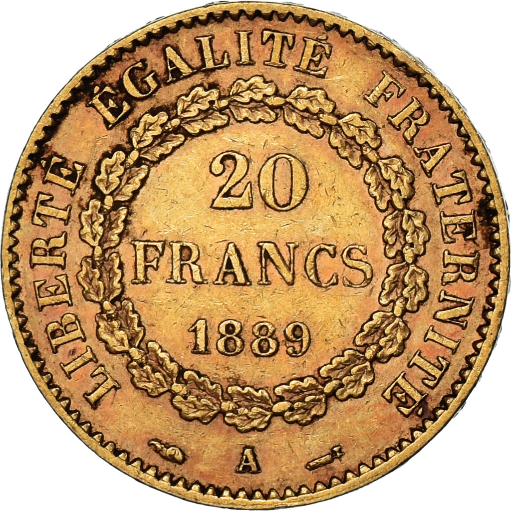 France, Génie, 20 Francs, 1889, Paris, AU(50-53), Gold, KM:825, Gadoury:1063