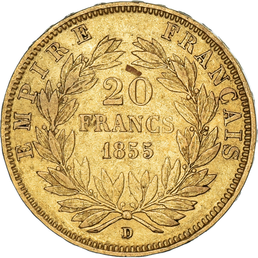 Coin, France, Napoleon III, 20 Francs, 1855, Lyon, EF(40-45), Gold, KM:781.3
