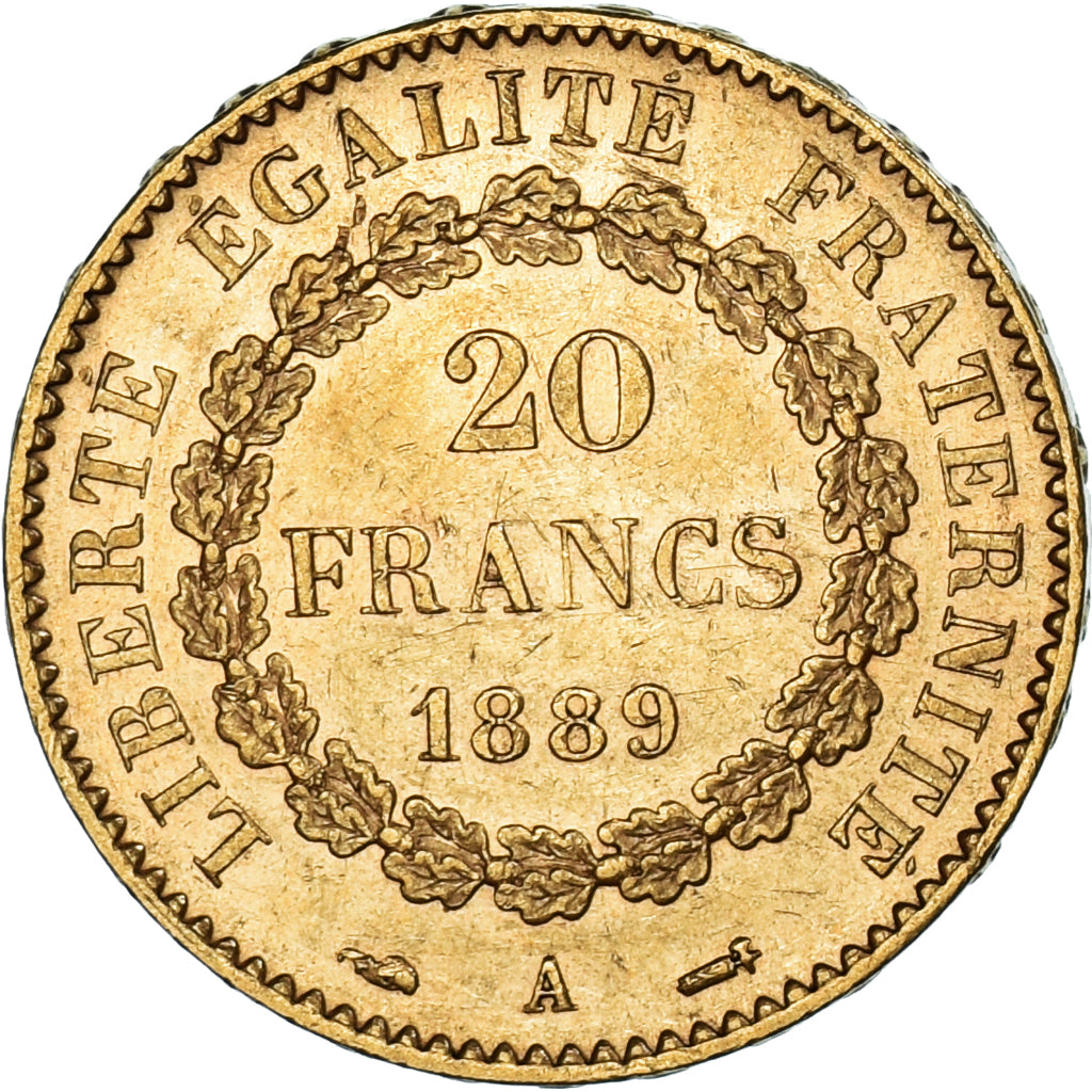 Moeda, França, Génie, 20 Francs, 1889, Paris, AU(50-53), Dourado, KM:825
