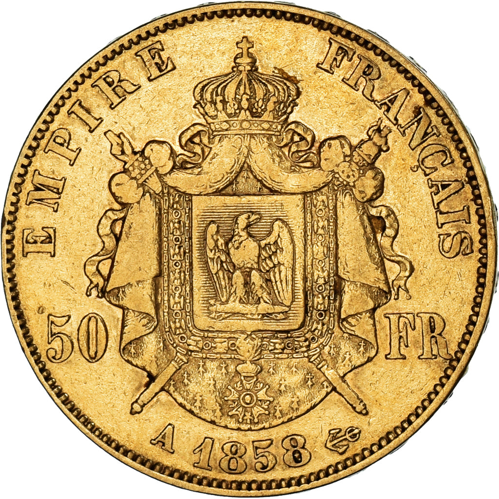 France, Napoleon III, 50 Francs, 1858, Strasbourg, VF(30-35),KM785.2,Gadoury1111