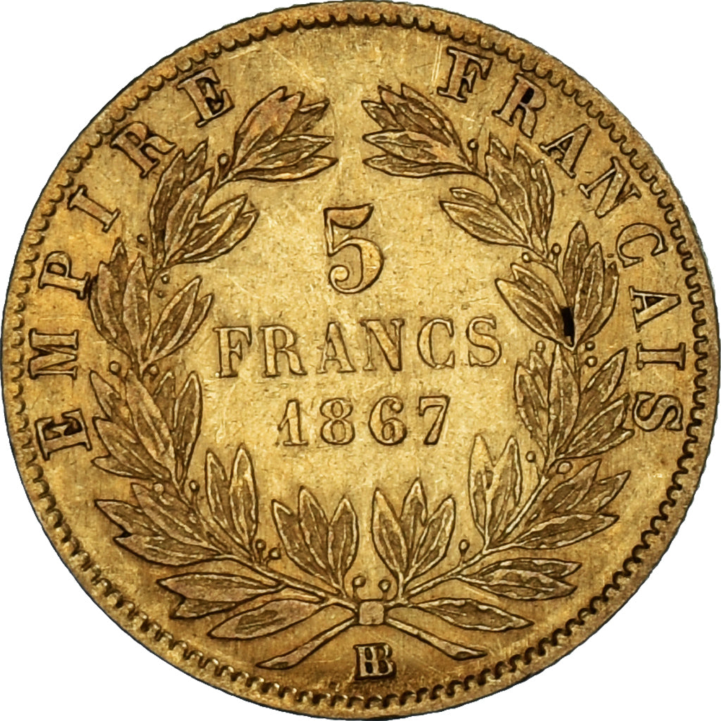 France, Napoleon III, 5 Francs, 1867, Strasbourg, EF(40-45), Gold, KM:803.2
