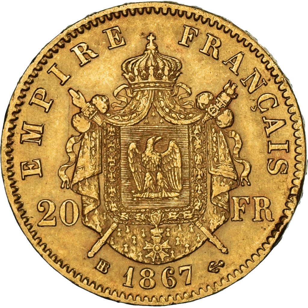 Moeda, França, Napoleon III, 20 Francs, 1867, Strasbourg, grand BB, AU(50-53)