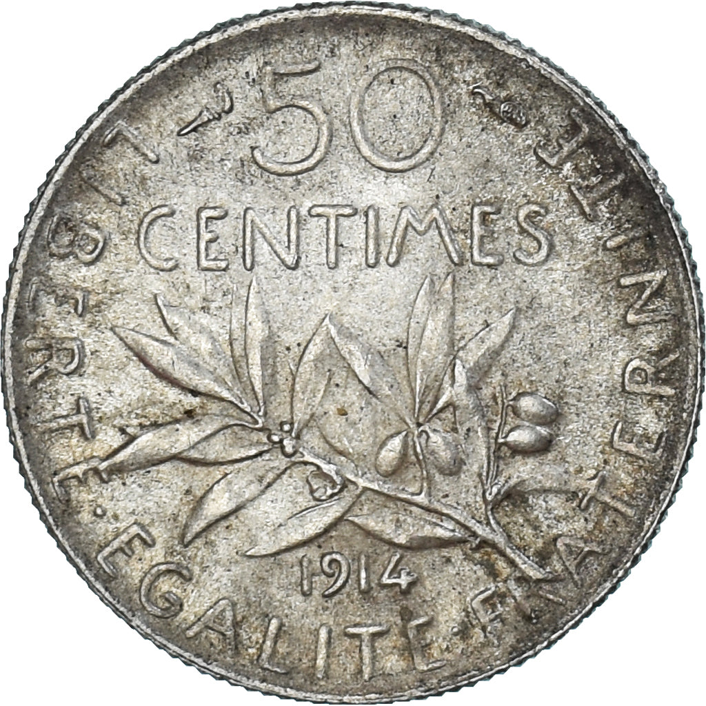 France, Semeuse, 50 Centimes, 1914, Paris, AU(50-53), Silver, KM:854,Gadoury 420