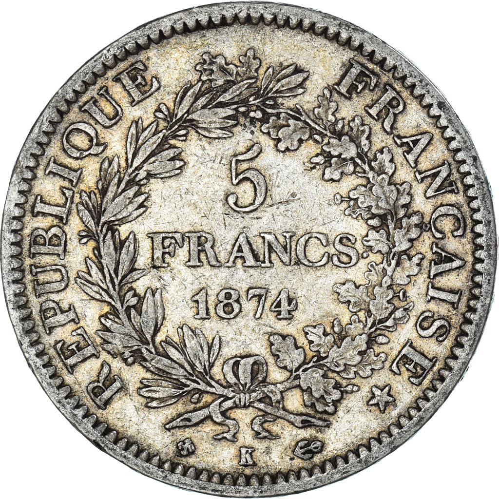 Moeda, França, Hercule, 5 Francs, 1874, Bordeaux, VF(30-35), Prata, KM:820.2