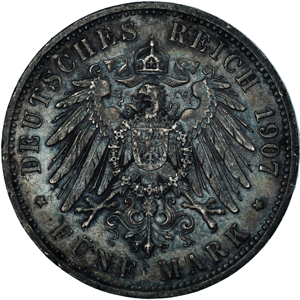 Coin, German States, PRUSSIA, Wilhelm II, 5 Mark, 1907, Berlin, AU(50-53)