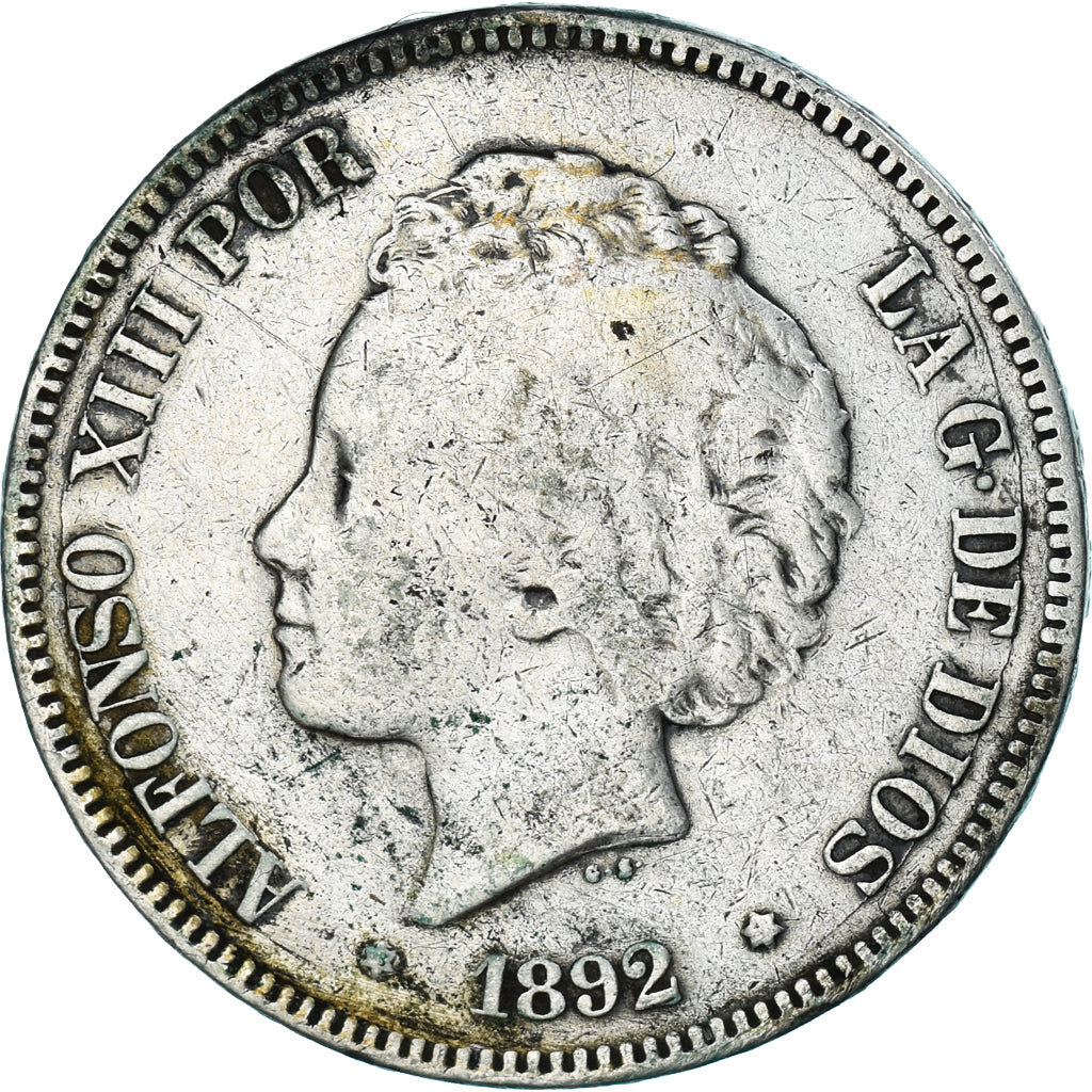España, Alfonso XIII, 5 Pesetas, 1892, Madrid, BC+, Plata, KM:700