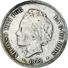 España, Alfonso XIII, 5 Pesetas, 1892, Madrid, BC+, Plata, KM:700