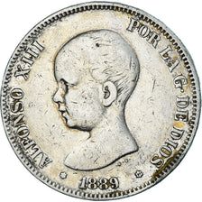 Monnaie, Espagne, Alfonso XIII, 5 Pesetas, 1889, Madrid, TB+, Argent, KM:689