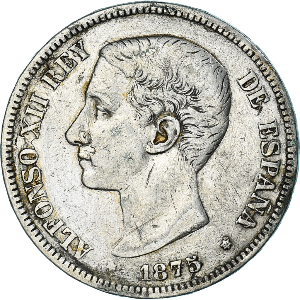 Moneda, España, Alfonso XII, 5 Pesetas, 1875, Madrid, BC+, Plata, KM:671