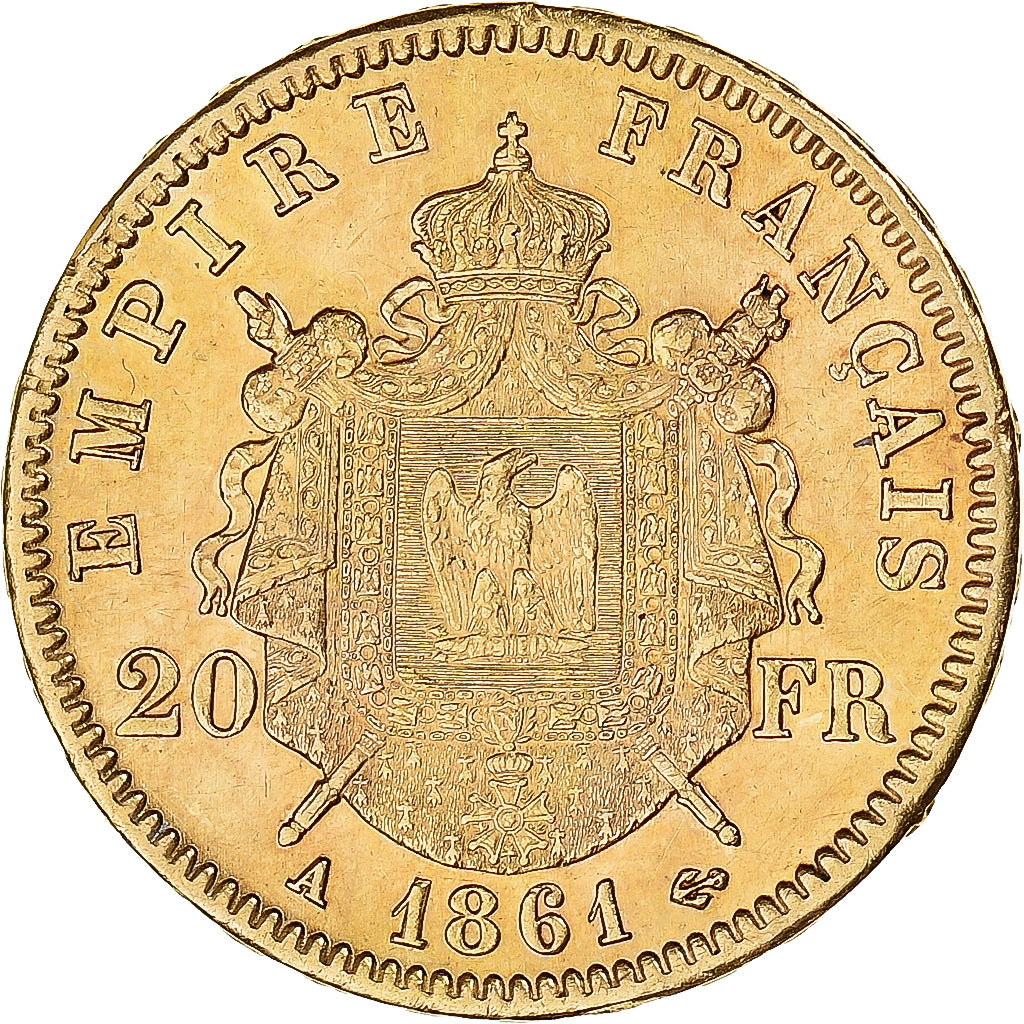 Moneta, Francja, Napoleon III, 20 Francs, 1861, Paris, AU(50-53), Złoto