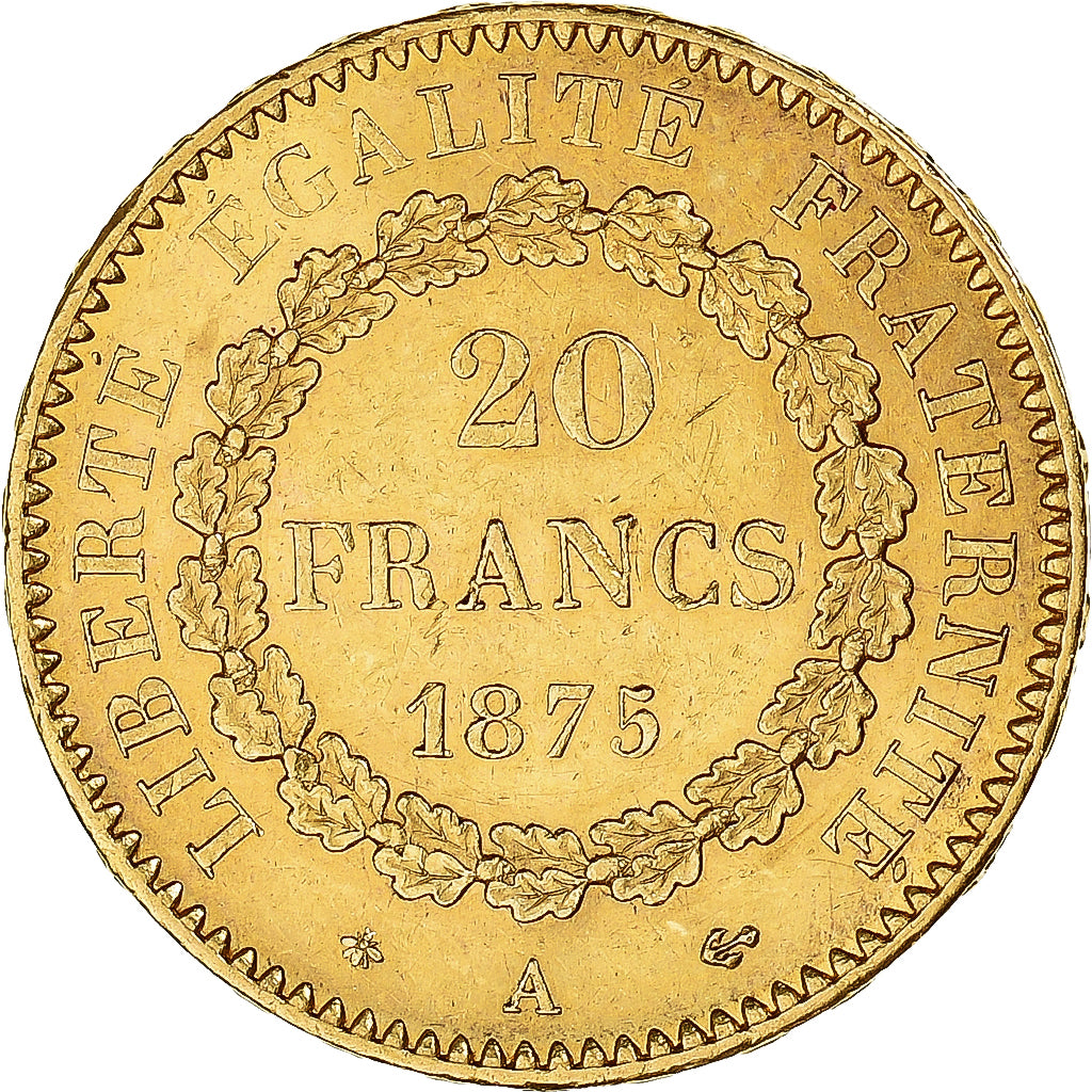 Moeda, França, Génie, 20 Francs, 1875, Paris, AU(50-53), Dourado, KM:825