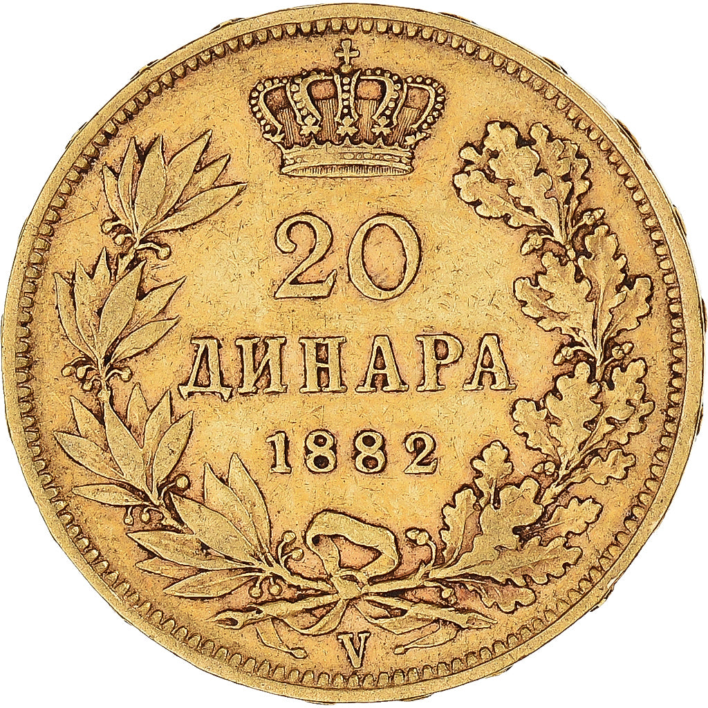 Coin, Serbia, Milan I, 20 Dinara, 1882, EF(40-45), Gold, KM:17.1