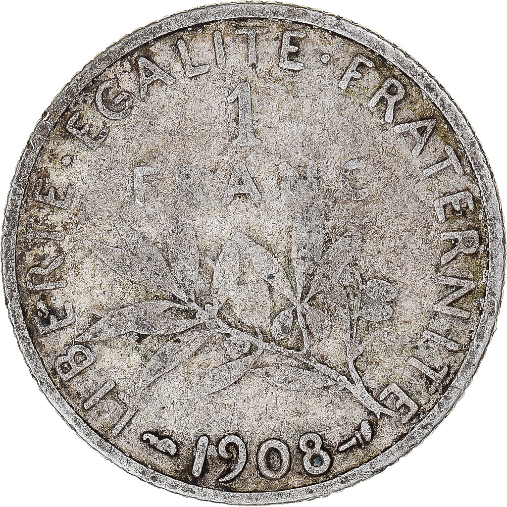 Moeda, França, Semeuse, Franc, 1908, Paris, F(12-15), Prata, KM:844.1