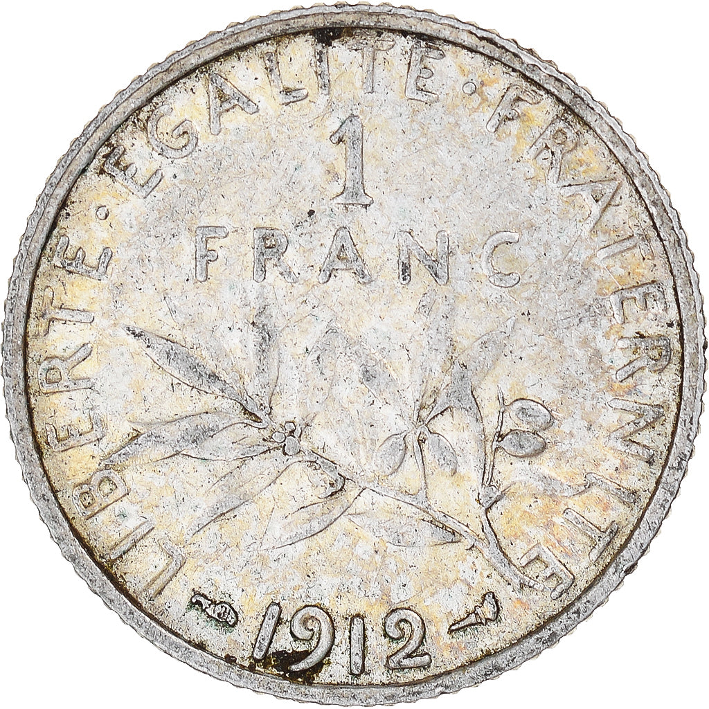 Moneda, Francia, Semeuse, Franc, 1912, Paris, BC+, Plata, KM:844.1, Gadoury:467