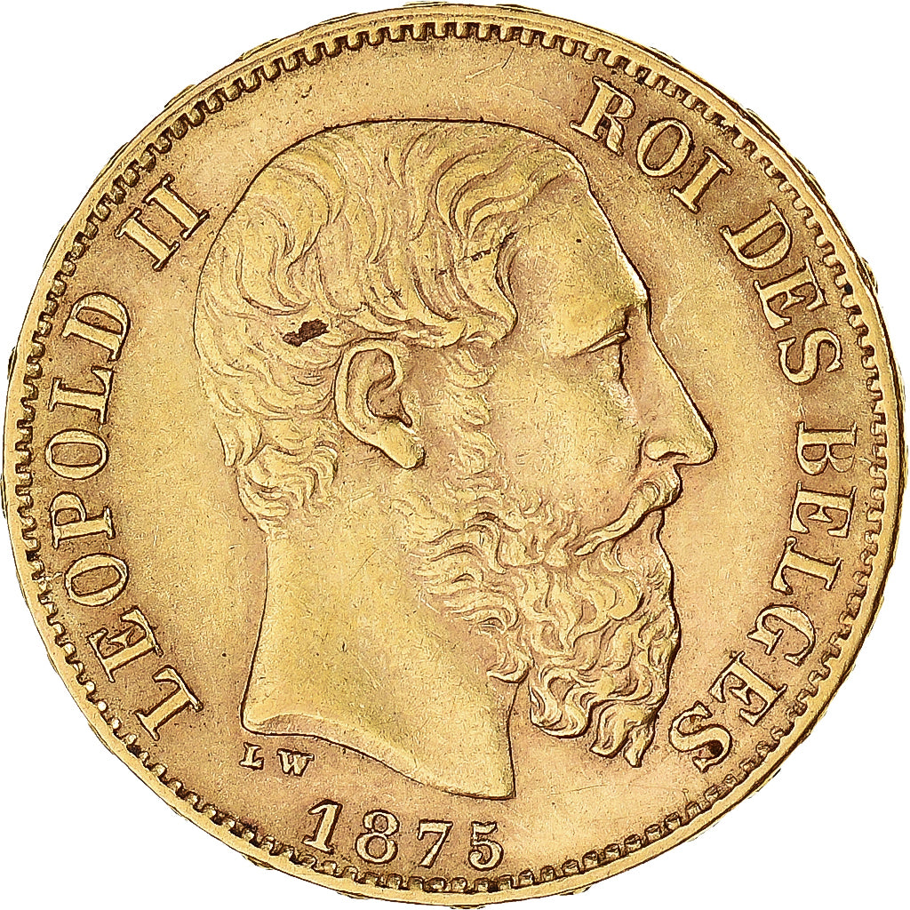 Moneta, Belgio, Leopold II, 20 Francs, 20 Frank, 1875, BB, Oro, KM:37