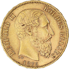 Moneta, Belgio, Leopold II, 20 Francs, 20 Frank, 1875, BB, Oro, KM:37