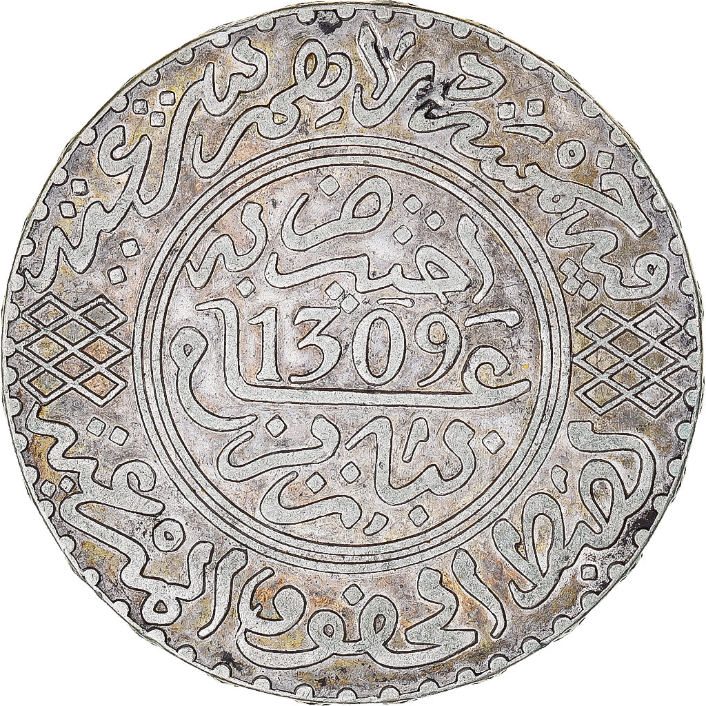 Moneta, Maroko, Moulay al-Hasan I, 5 Dirhams, 1891, Paris, AU(50-53), Srebro